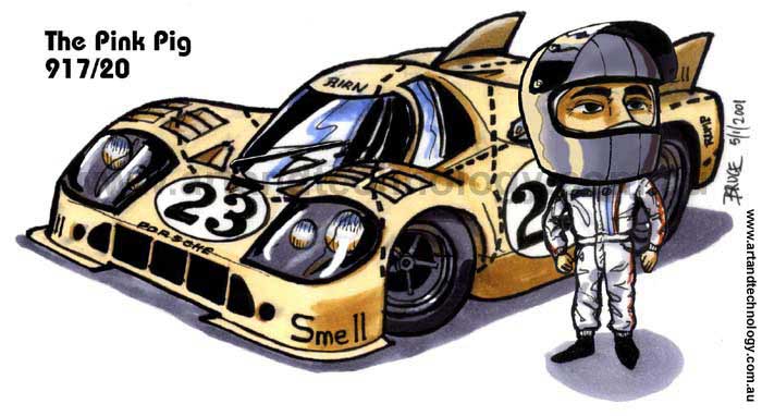 Car Cartoon Lemans 1971 Pink Pig Porsche 917-20 caricature