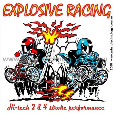 Car Cartoon Explosive Racing Drag Racing Quad Bike T-Shirt Design