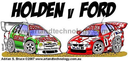Car Cartoon Holden V Ford motorsport caricature