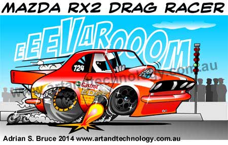 car Cartoon Mazda RX2 Turbocharged Drag Racer Vector Design