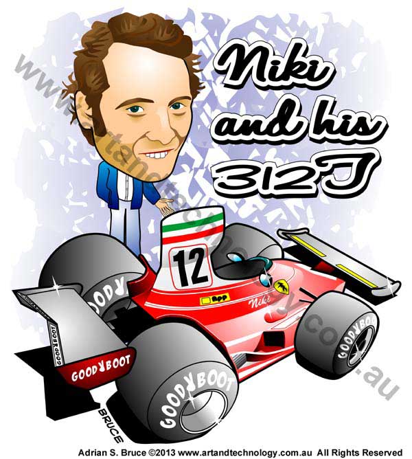 Car Cartoon RUSH - Niki Lauda and Ferrari 312T Vector Caricature