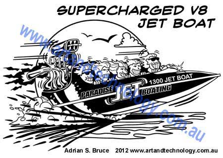 Car Cartoon Supercharged V8 Jet Boat t-shirt Design for Paradise Jet Boating Queensland Australia