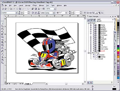 CorelDraw with gokart caricature and layers
